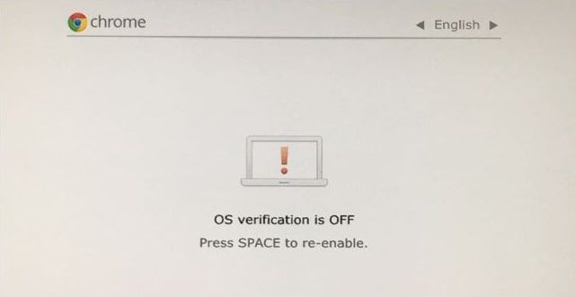 stiskněte Ctrl + D na obrazovce, která říká, že ověření OS je VYPNUTO, a načte Chrome OS.