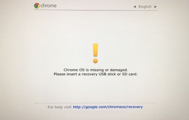 stiskněte Ctrl + D na obrazovce, která říká, že Chrome OS chybí nebo je poškozený.