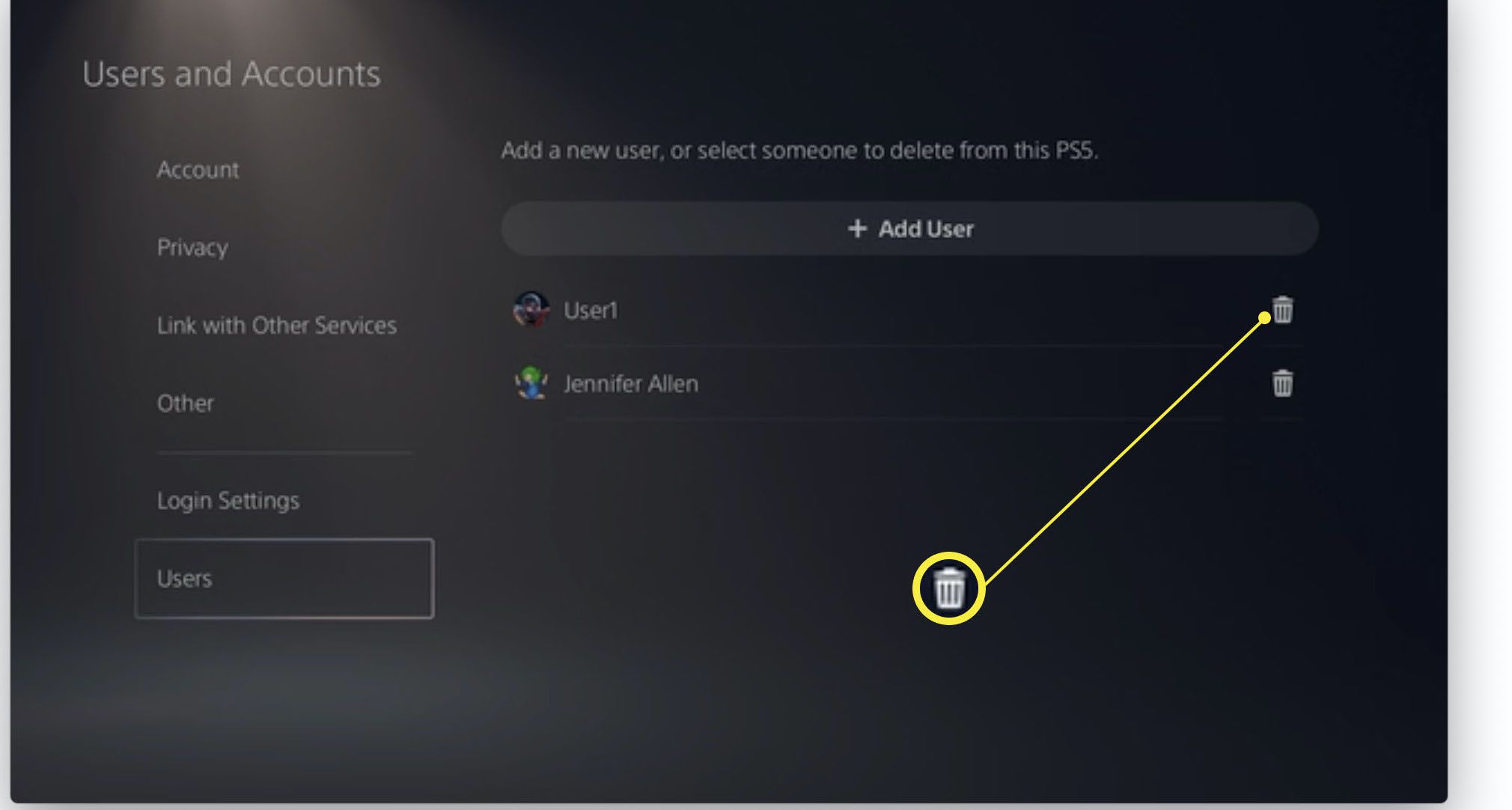 Uživatelé a účty PlayStation 5 s ikonou odpadkového koše zvýrazněnou vedle uživatelského jména