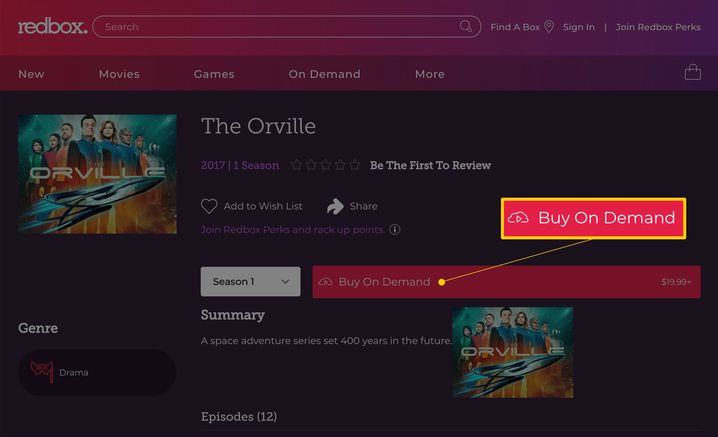 Tlačítko Redbox Koupit na vyžádání pro televizní pořad Orville