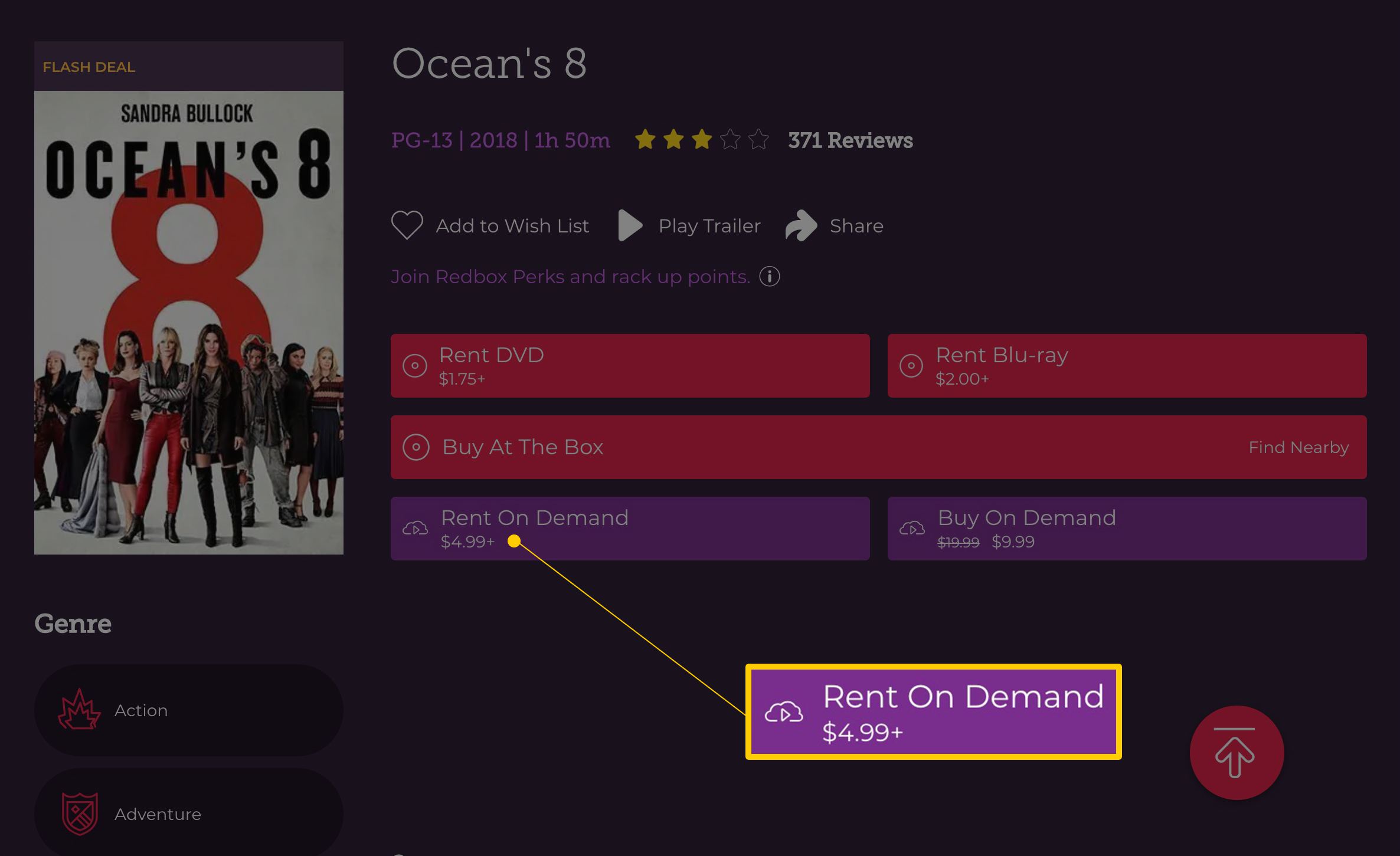 Tlačítko Pronajmout na vyžádání 4,99 $ + na stránce s podrobnostmi o 8 Ocean v Redboxu