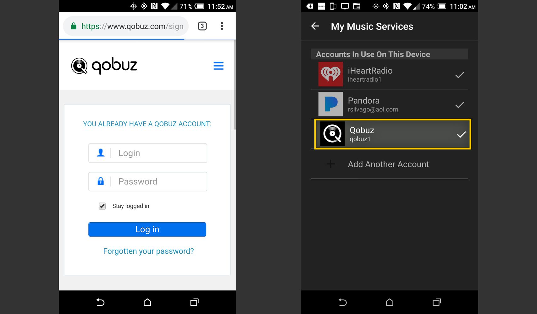 Aplikace Sonos - přihlášení a potvrzení účtu Qobuz