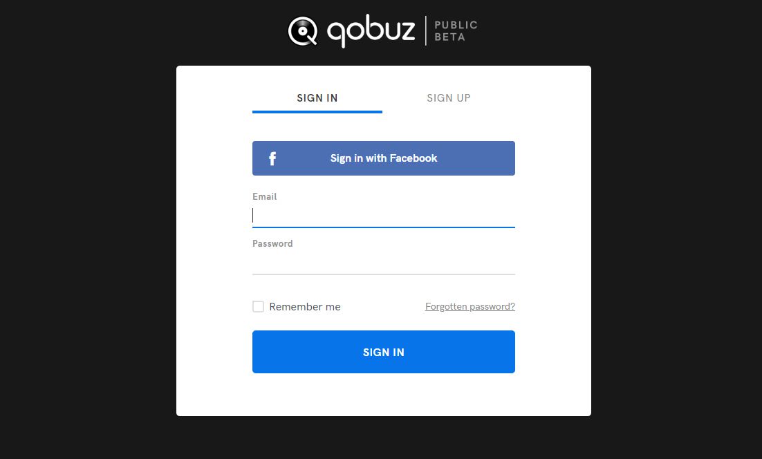 Stránka pro přihlášení k účtu Qobuz