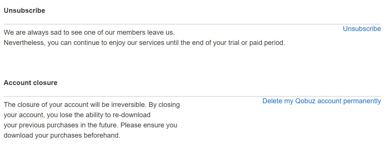 Možnosti odhlášení Qobuz a zrušení účtu
