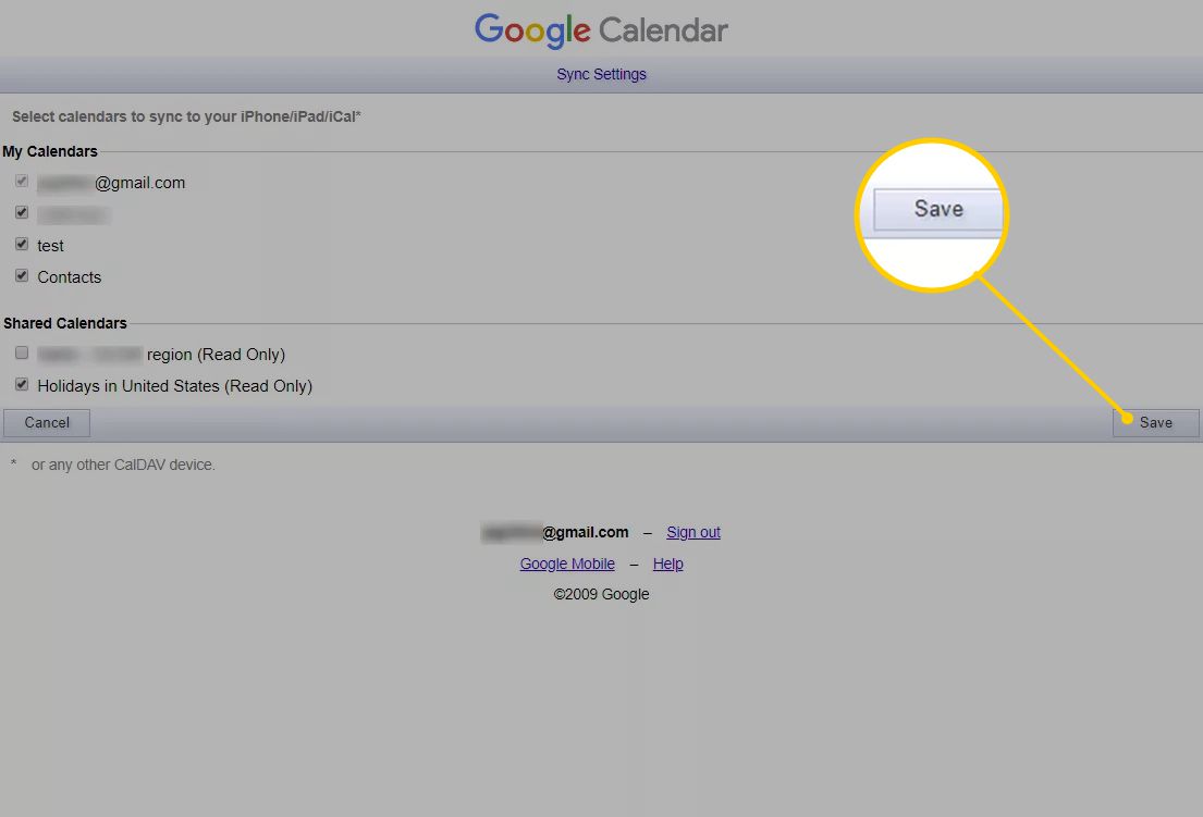 Tlačítko Uložit v nastavení synchronizace Kalendáře Google