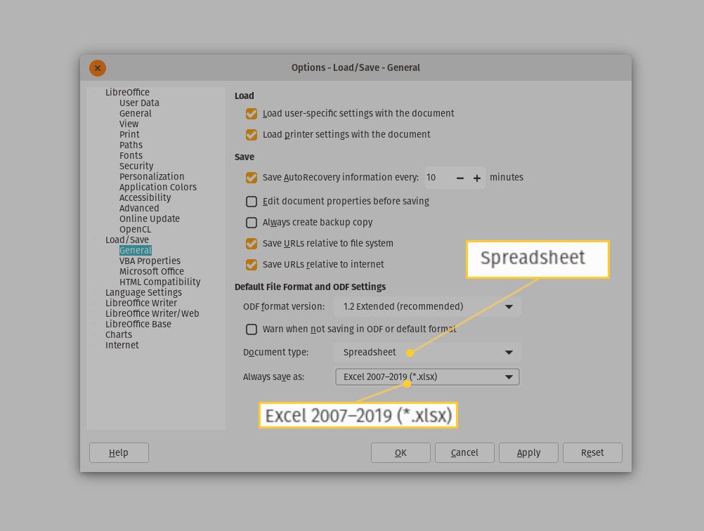 Screenshot nastavení výchozího nastavení LibreOffice Calc.