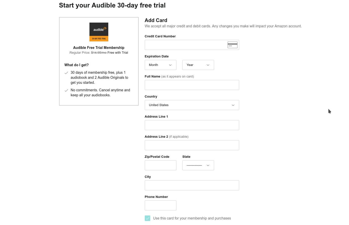 Přidejte si k účtu Amazon platební metodu a začněte s Audible.