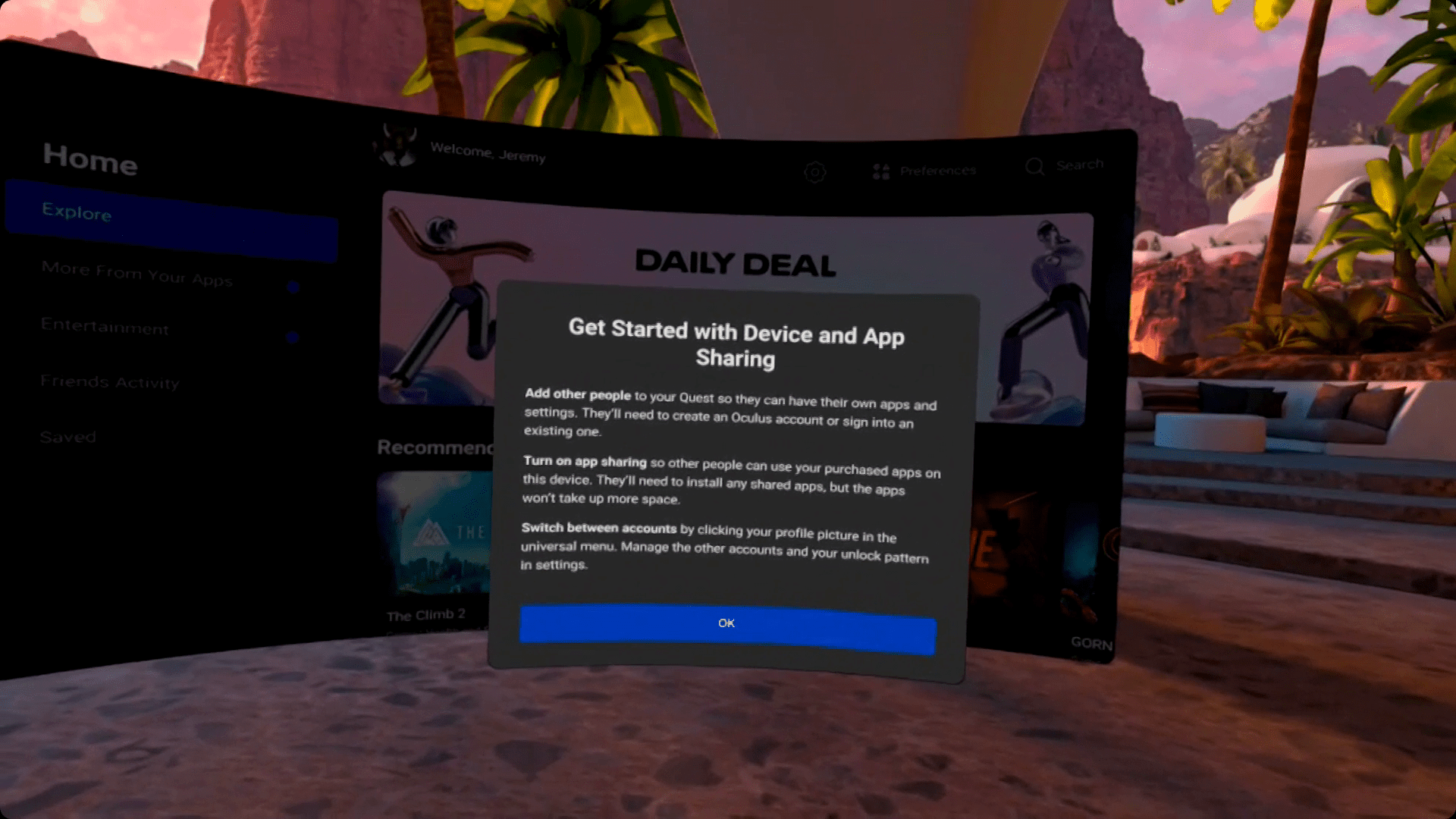 Oznámení o sdílení zařízení a aplikací v Oculus Quest 2.