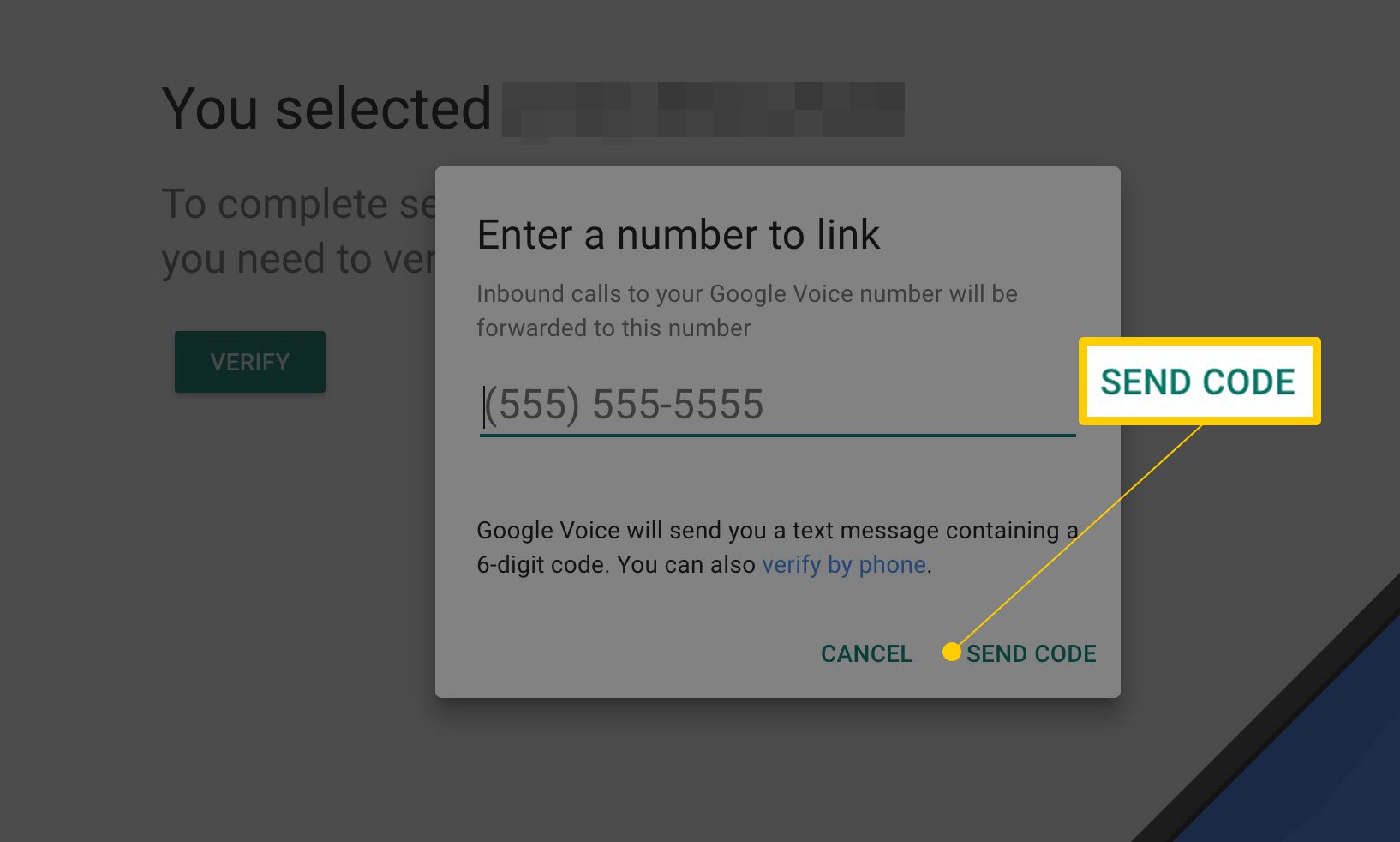 Tlačítko Odeslat kód na stránkách nastavení Google Voice