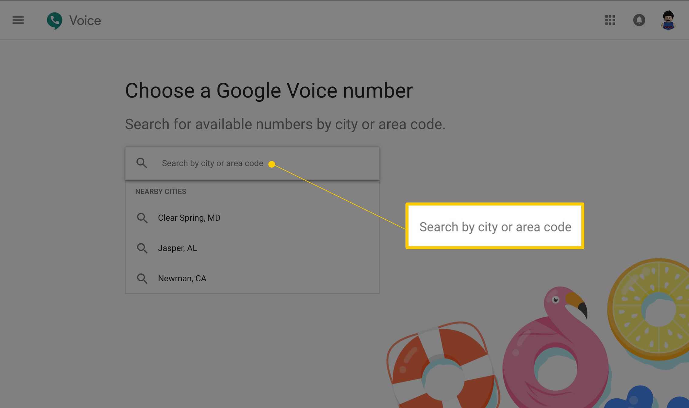 Vyhledávejte podle města nebo směrového čísla na stránce Google Voice