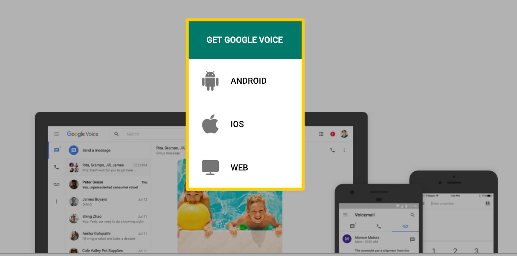 Možnosti pro Android, iOS nebo Web pro Google Voice