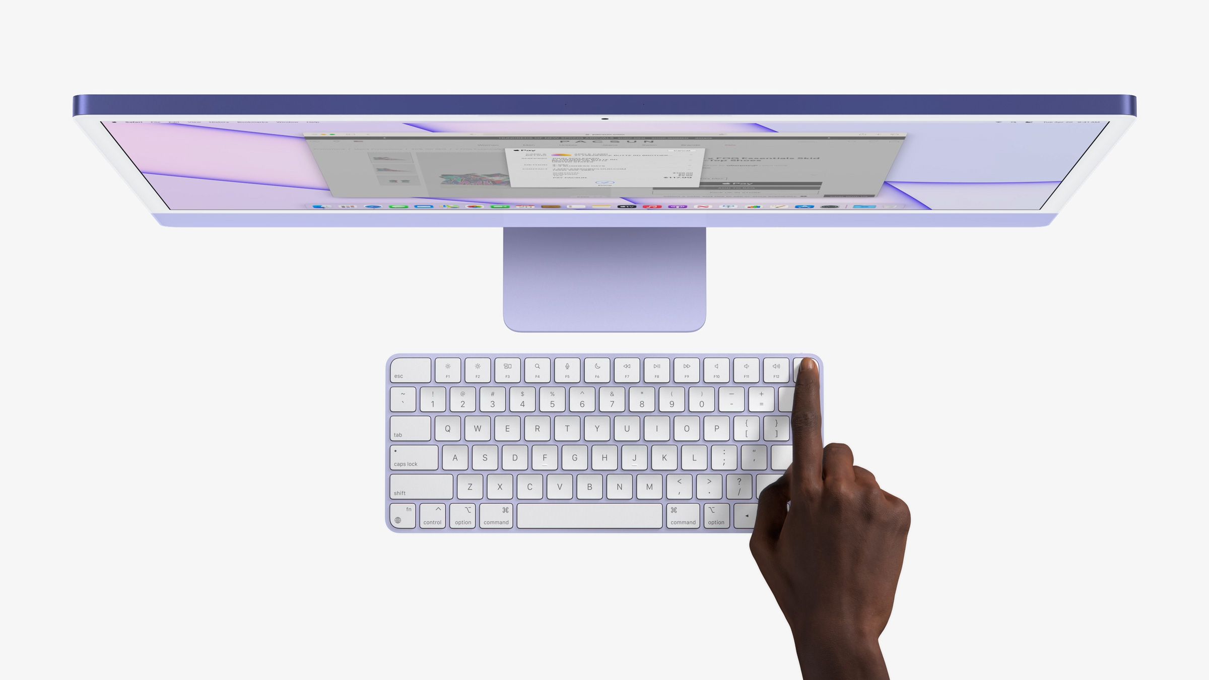 Podívejte se dolů na nový fialový iMac s dotykovou klávesnicí. 