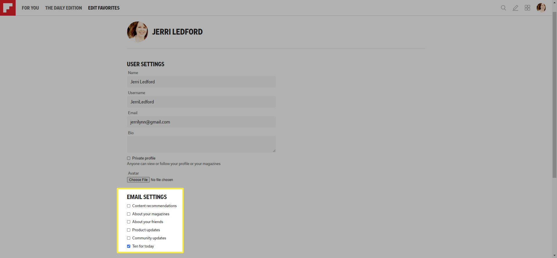 Možnost e-mailu na Flipboardu ve webovém prohlížeči.