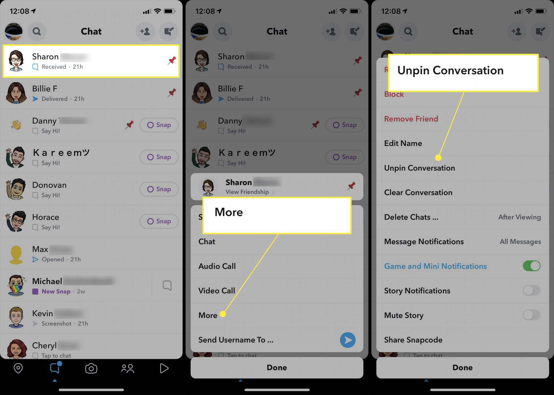 Odepnutí osoby v aplikaci Snapchat na iPhonu se zvýrazněným jménem „Více“ a „Odepnout konverzaci“