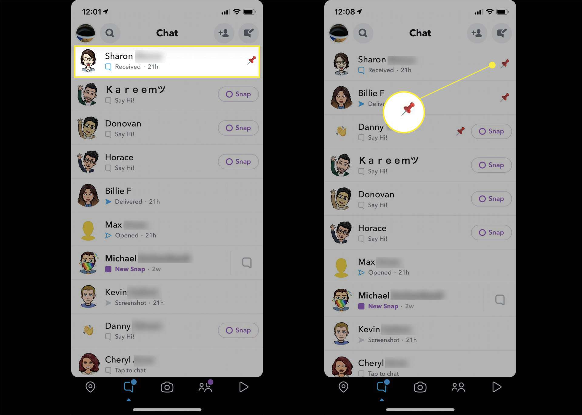 Připnuté lidi na Snapchatu na iPhone se zvýrazněným jménem a ikonou špendlíku