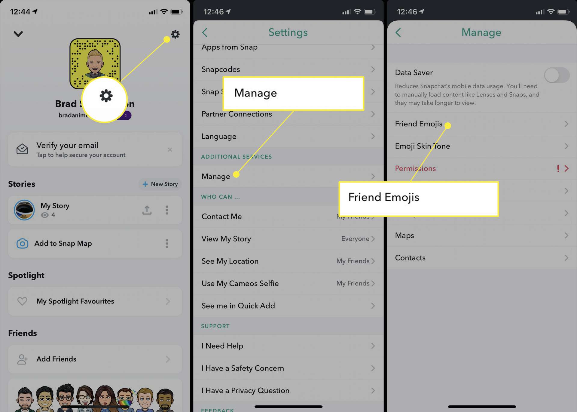 Aplikace Snapchat se zvýrazněnou ikonou Nastavení, Spravovat a Přítel Emojis