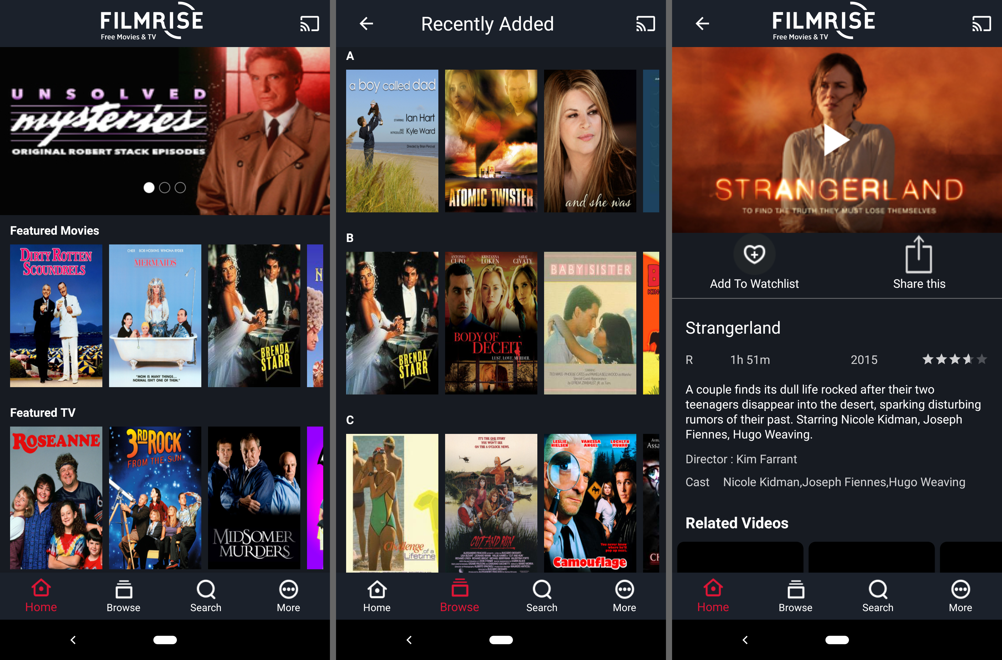 Aplikace pro streamování filmů Filmrise pro Android