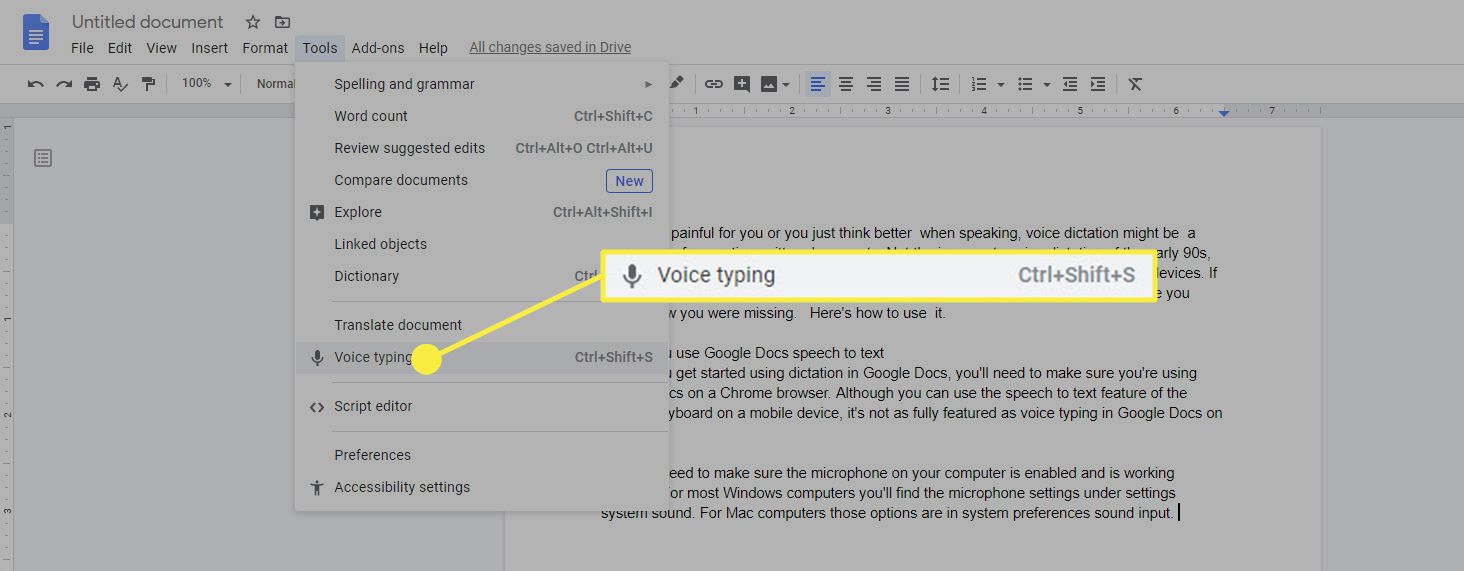 Možnost Hlasové psaní v Dokumentech Google.