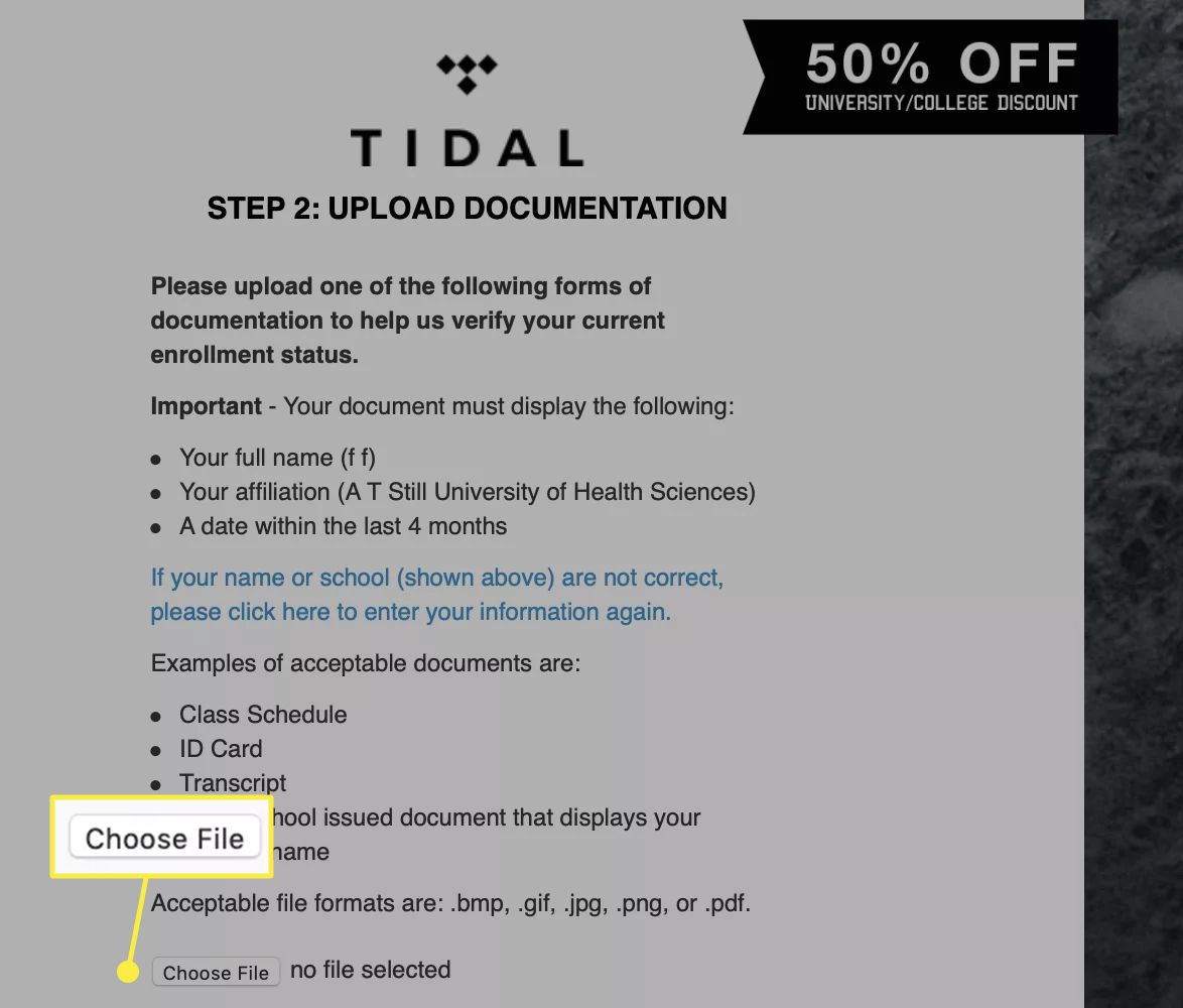 Uživatel Tidal nahraje dokumentaci prokazující jeho status studenta
