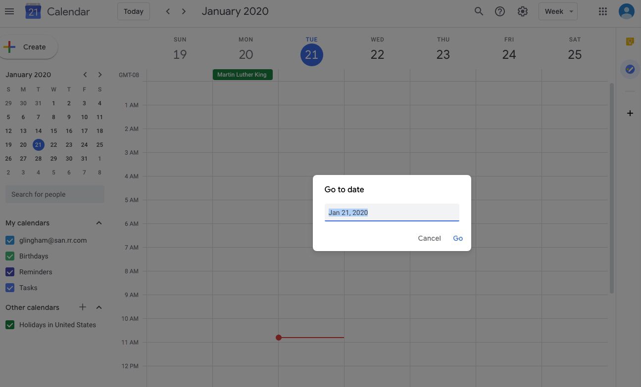 Screenshot funkce Google Calendar Přejít na datum