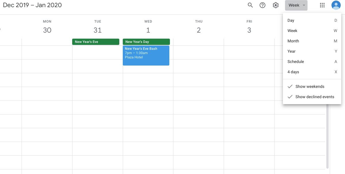 Screenshot typu zobrazení Kalendáře Google