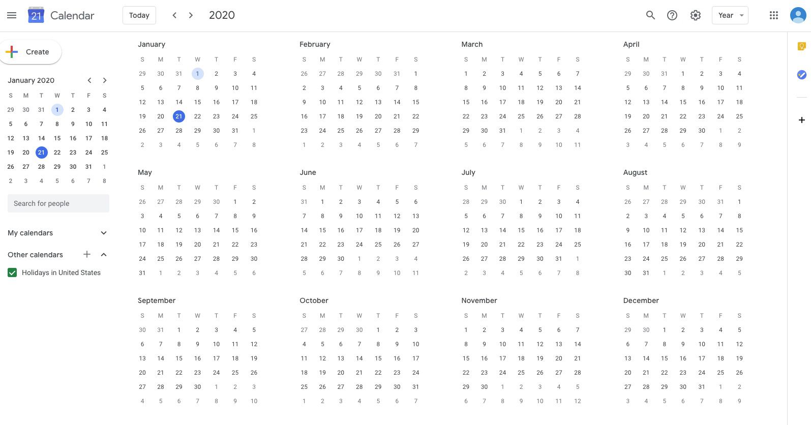 Kalendář Google v zobrazení Rok