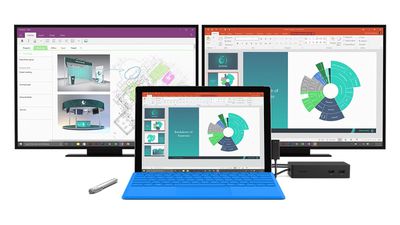 Microsoft Surface Pro připojený ke dvěma monitorům pomocí Surface Dock
