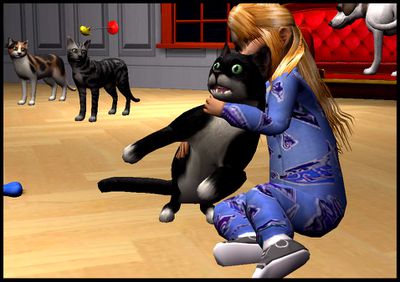 Dítě, které drží virtuálního mazlíčka ve scéně Sim 2 Pets