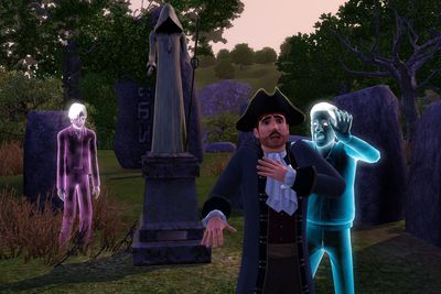 Duch Simíků honí revoluční oblečený sim na hřbitovním snímku obrazovky