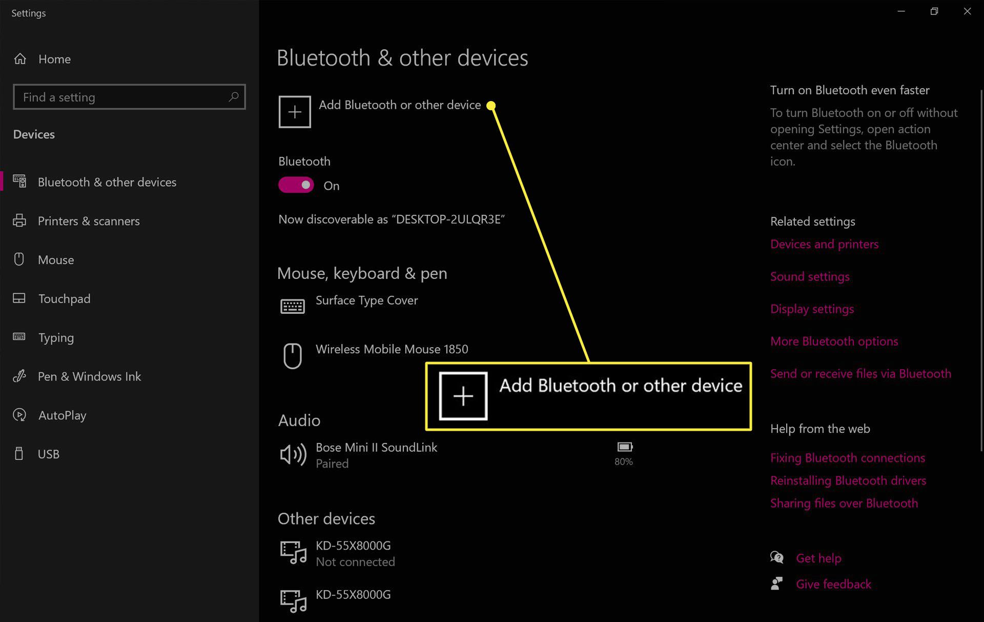 Nastavení Bluetooth systému Windows 10.