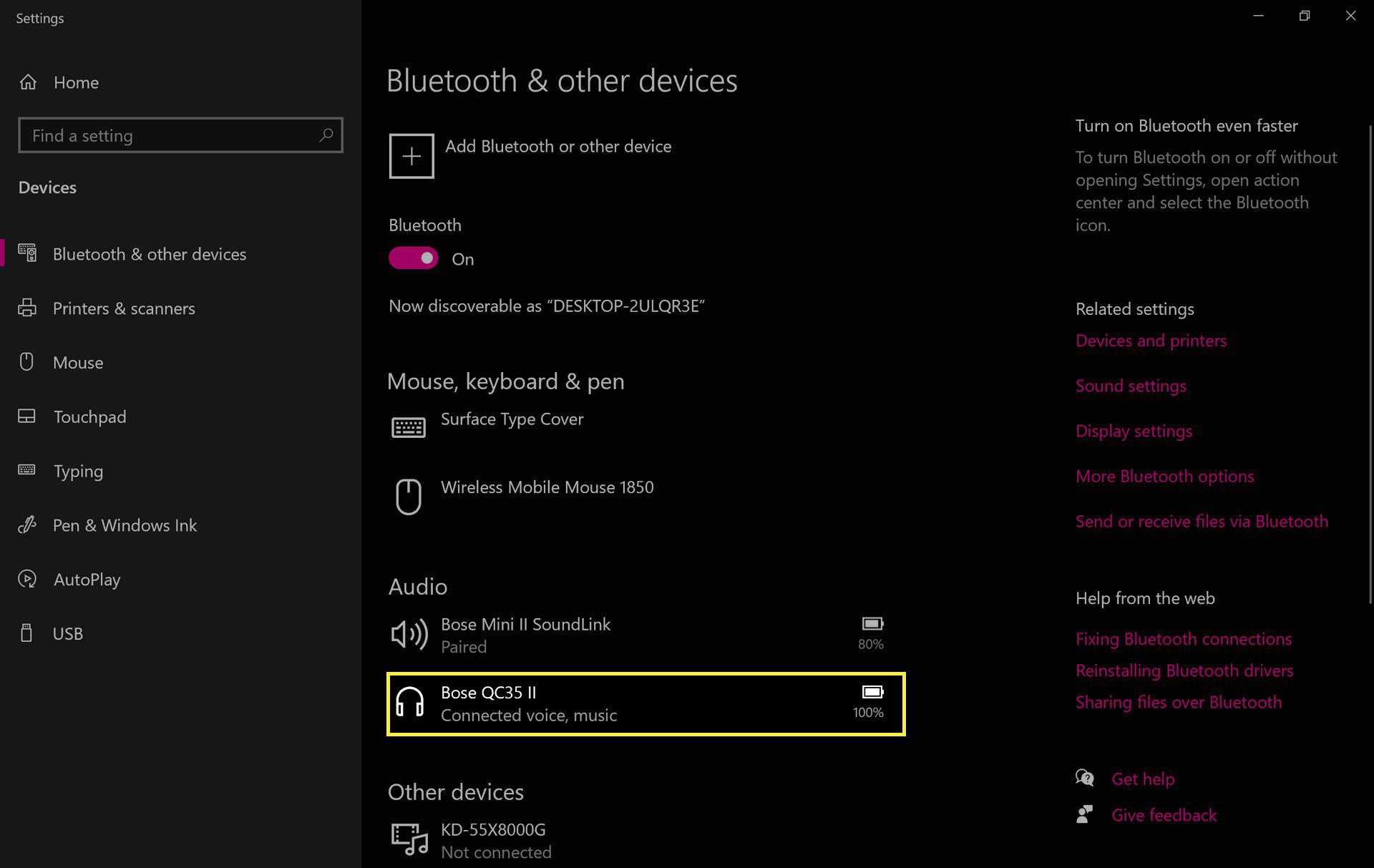 Seznam připojených zařízení Bluetooth ve Windows 10.