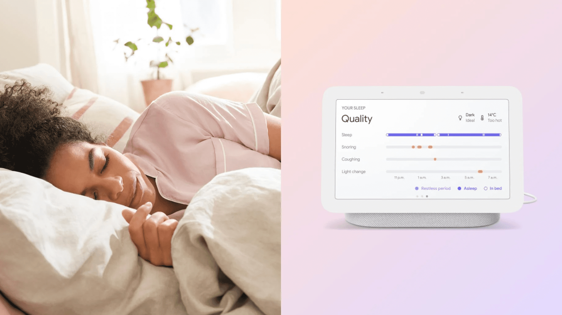 Google Nest Hub sledující spánkovou aktivitu ženy