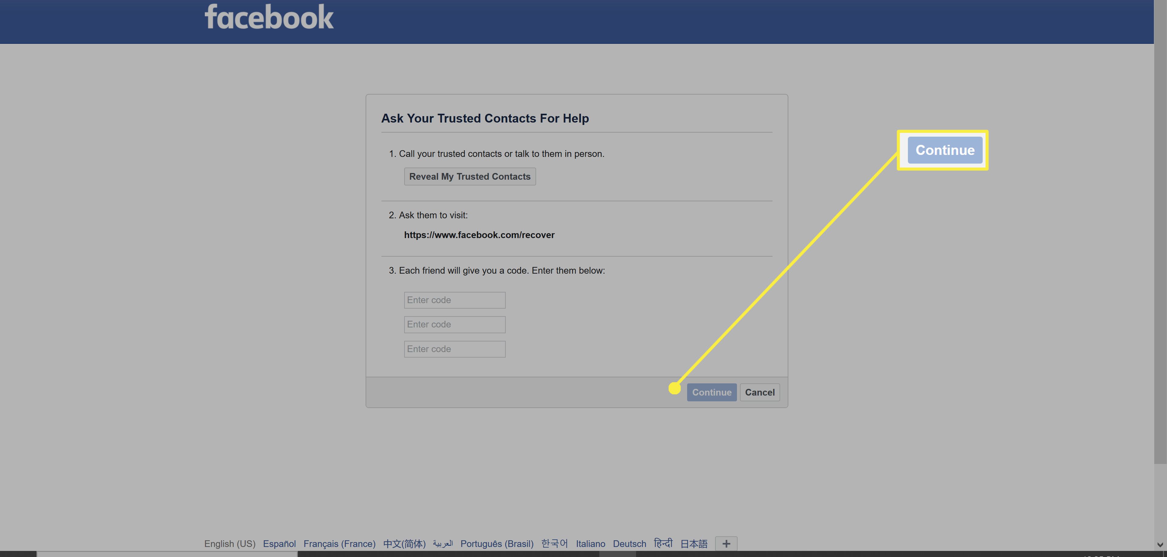 Nastavení důvěryhodných kontaktů na Facebooku.