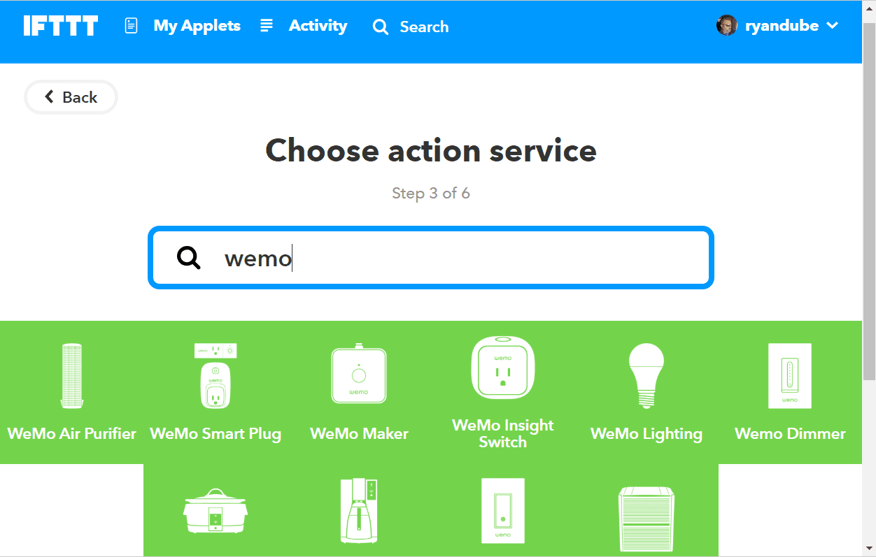 Screenshot výběru akce WeMo v IFTTT