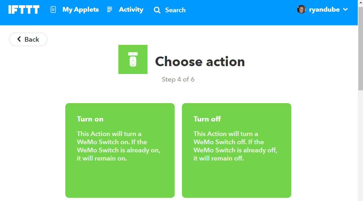 Screenshot z výběru Zapnout pro akci WeMo v IFTTT