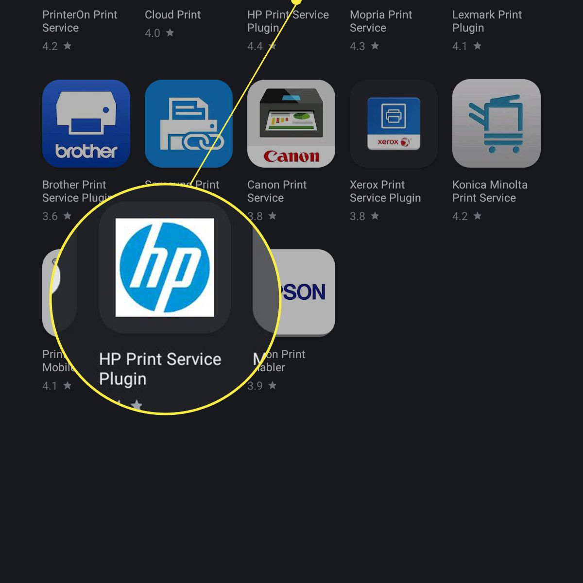 Plugin tiskárny Samsung pro výběr tiskárny v obchodě Google Play se zvýrazněným doplňkem HP