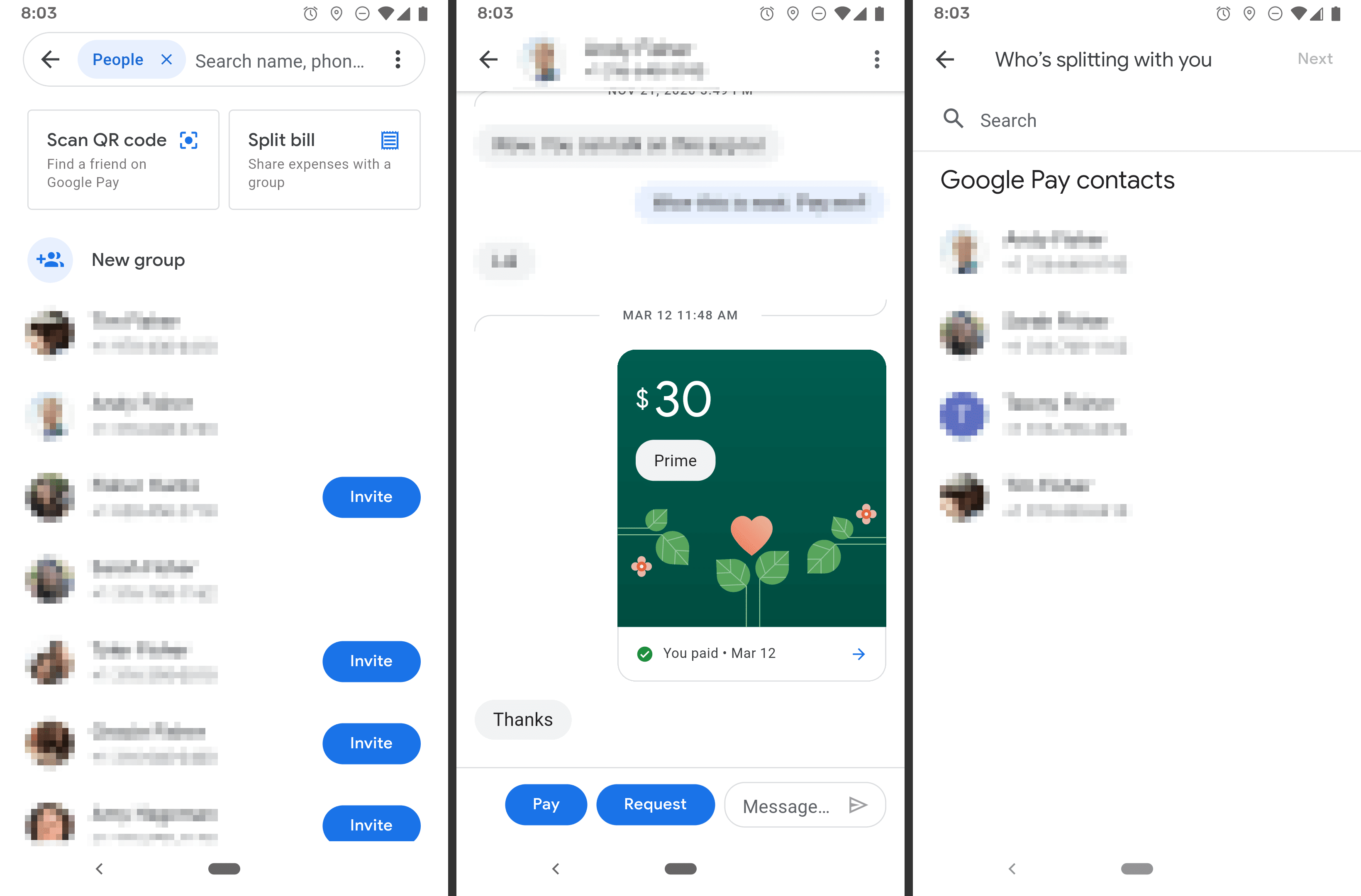 Seznam kontaktů a platebních transakcí Google Pay 