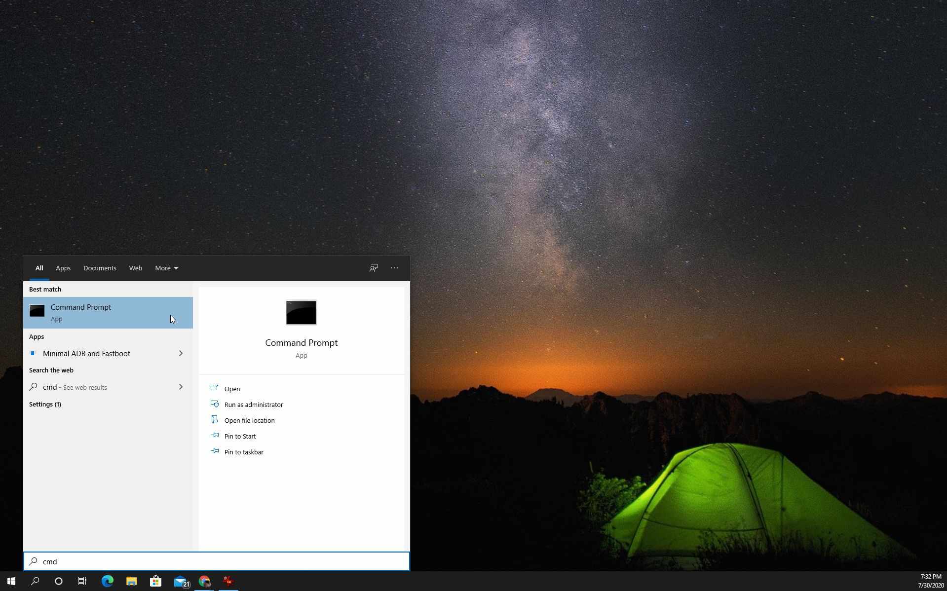 Screenshot otevření příkazového řádku ve Windows 10