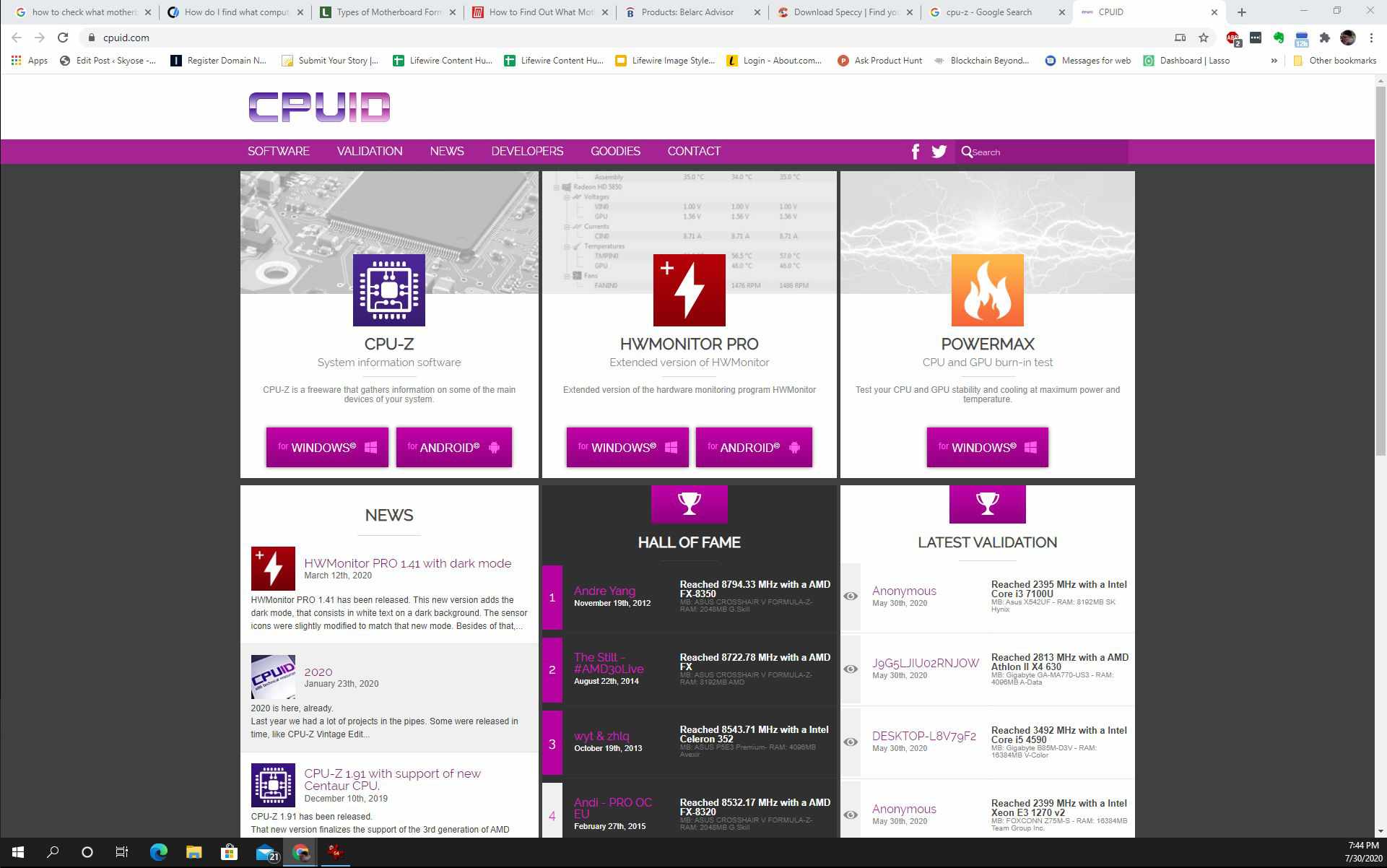 Screenshot stahování CPU-Z z webu CPUID