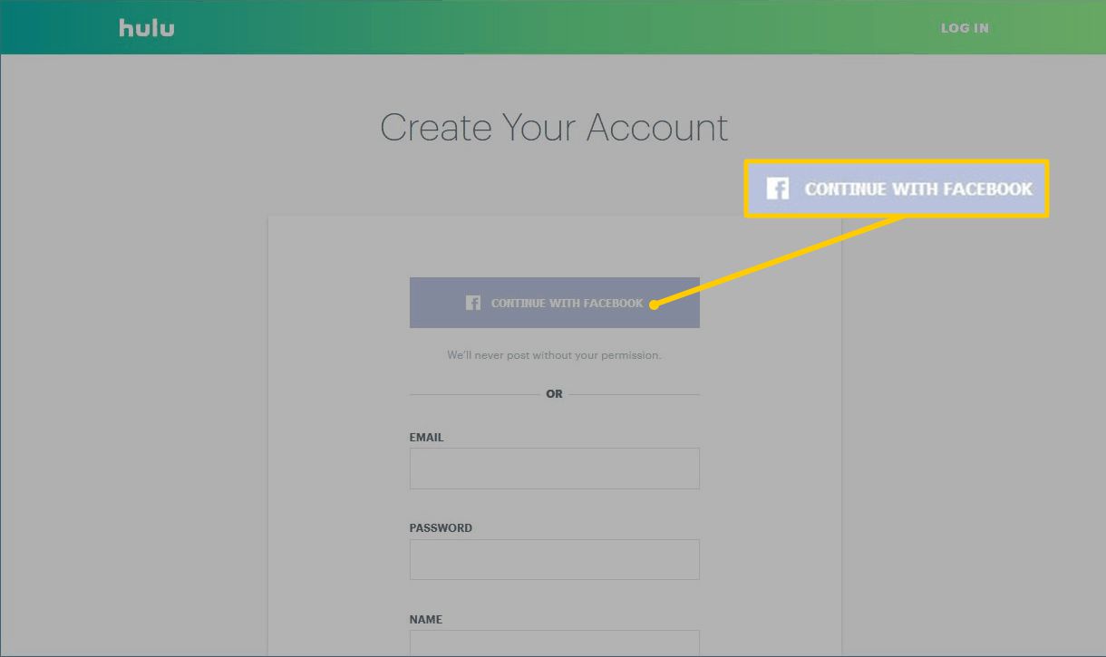 Pokračujte tlačítkem Facebook na Hulu
