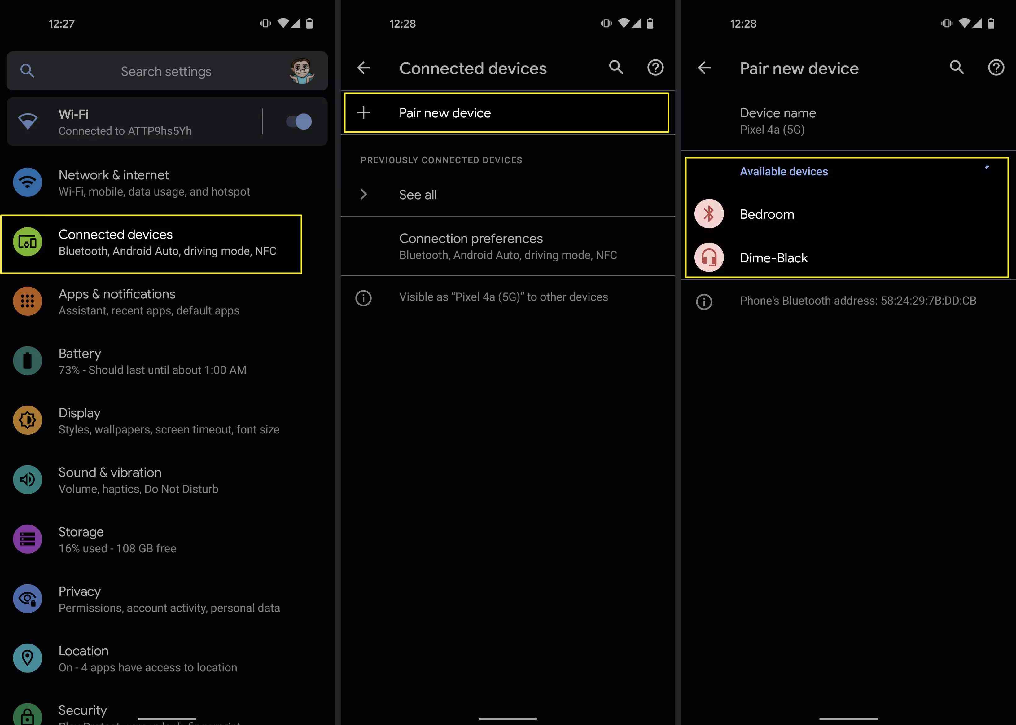 Kroky k zahájení párování pro sluchátka Skullcandy v systému Android.