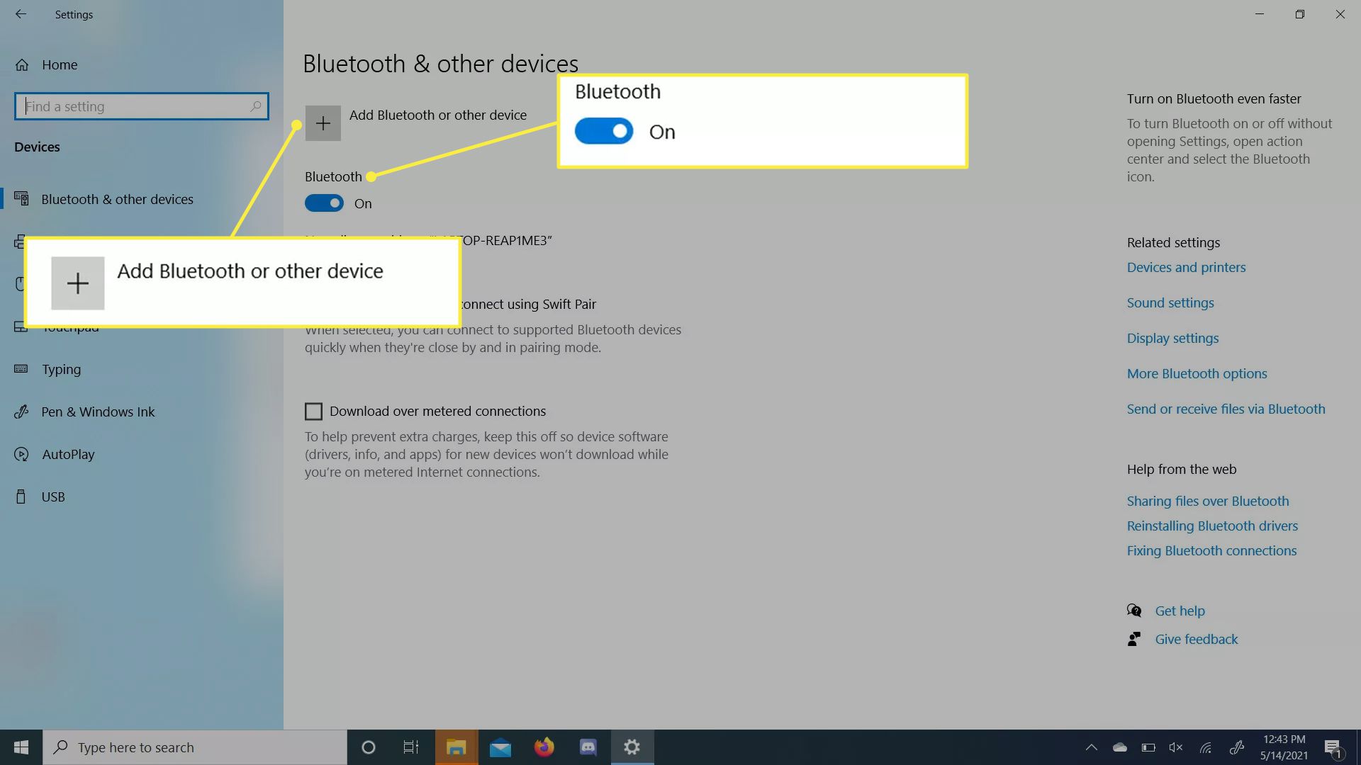 Nabídka Bluetooth a dalších zařízení v nastavení systému Windows 10