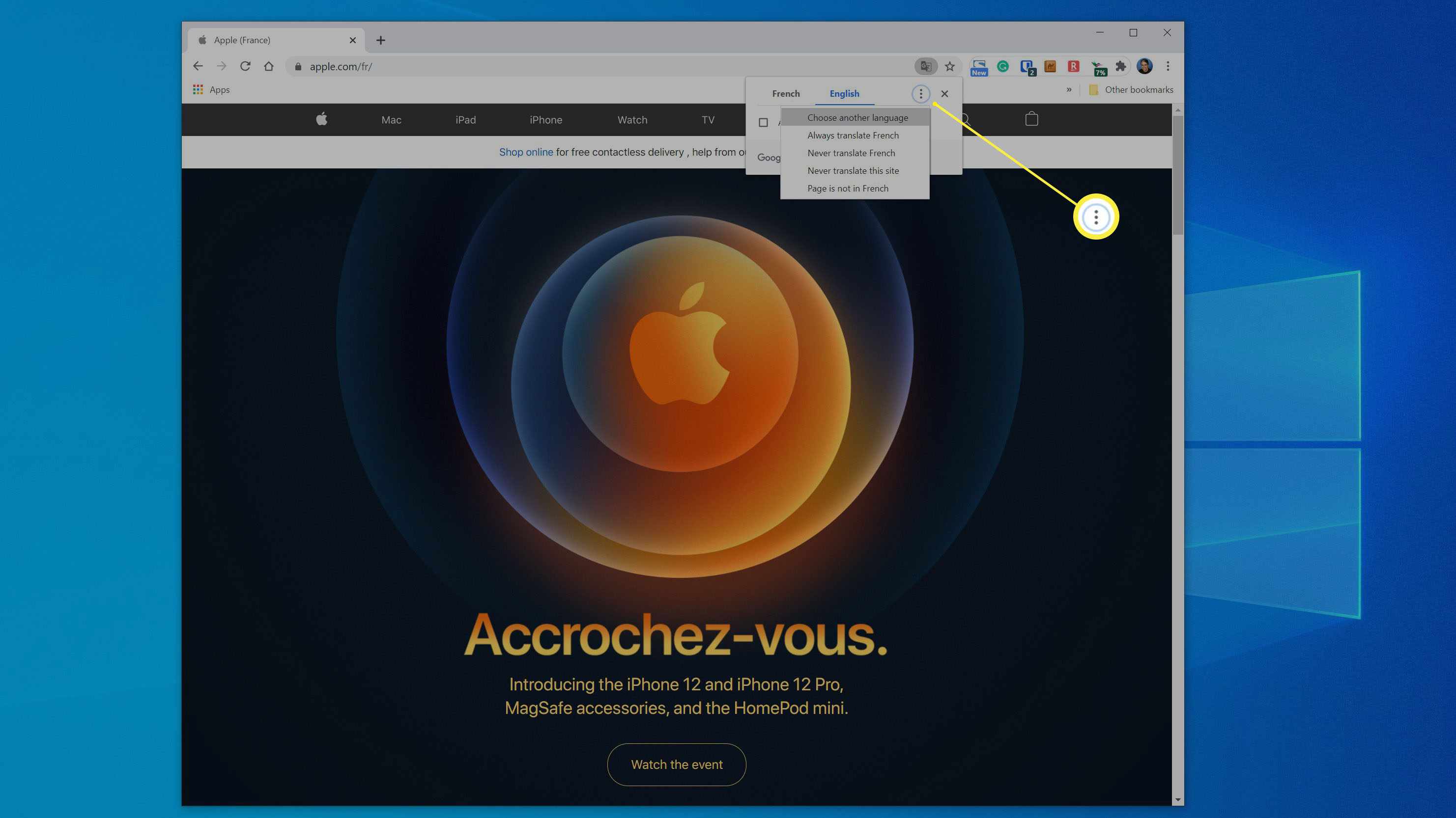 Nabídka Překladače Chrome na francouzské webové stránce.