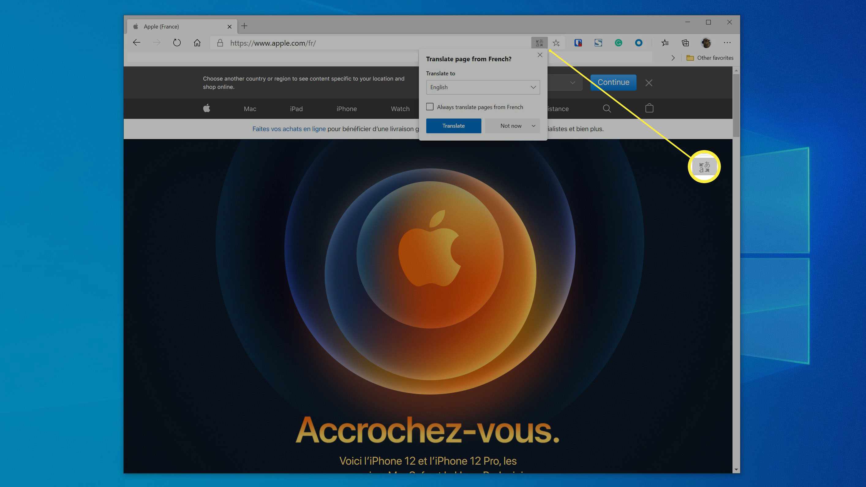 Funkce překladu Microsoft Edge na francouzském webu.