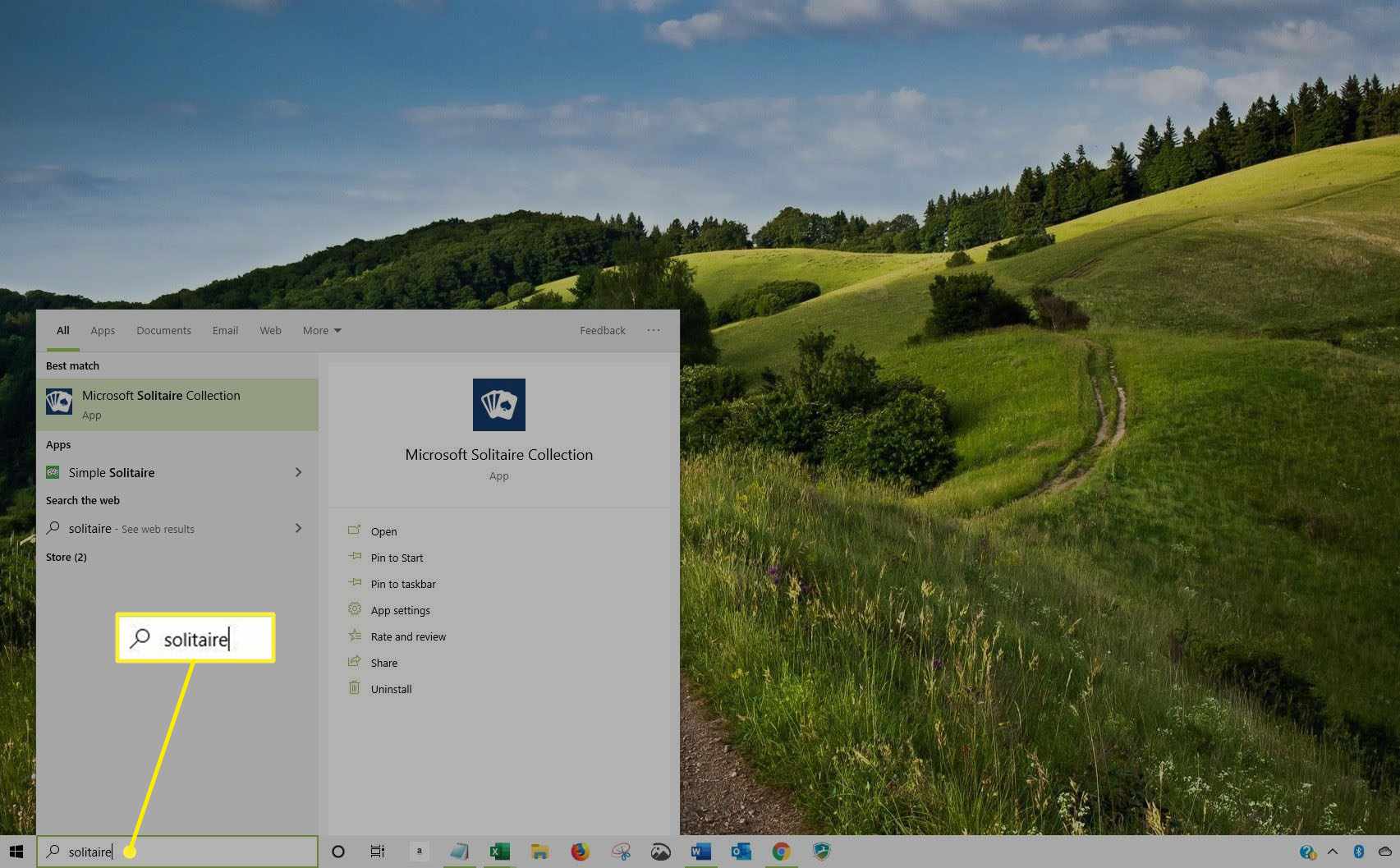 Screenshot Solitaire ve vyhledávání Windows