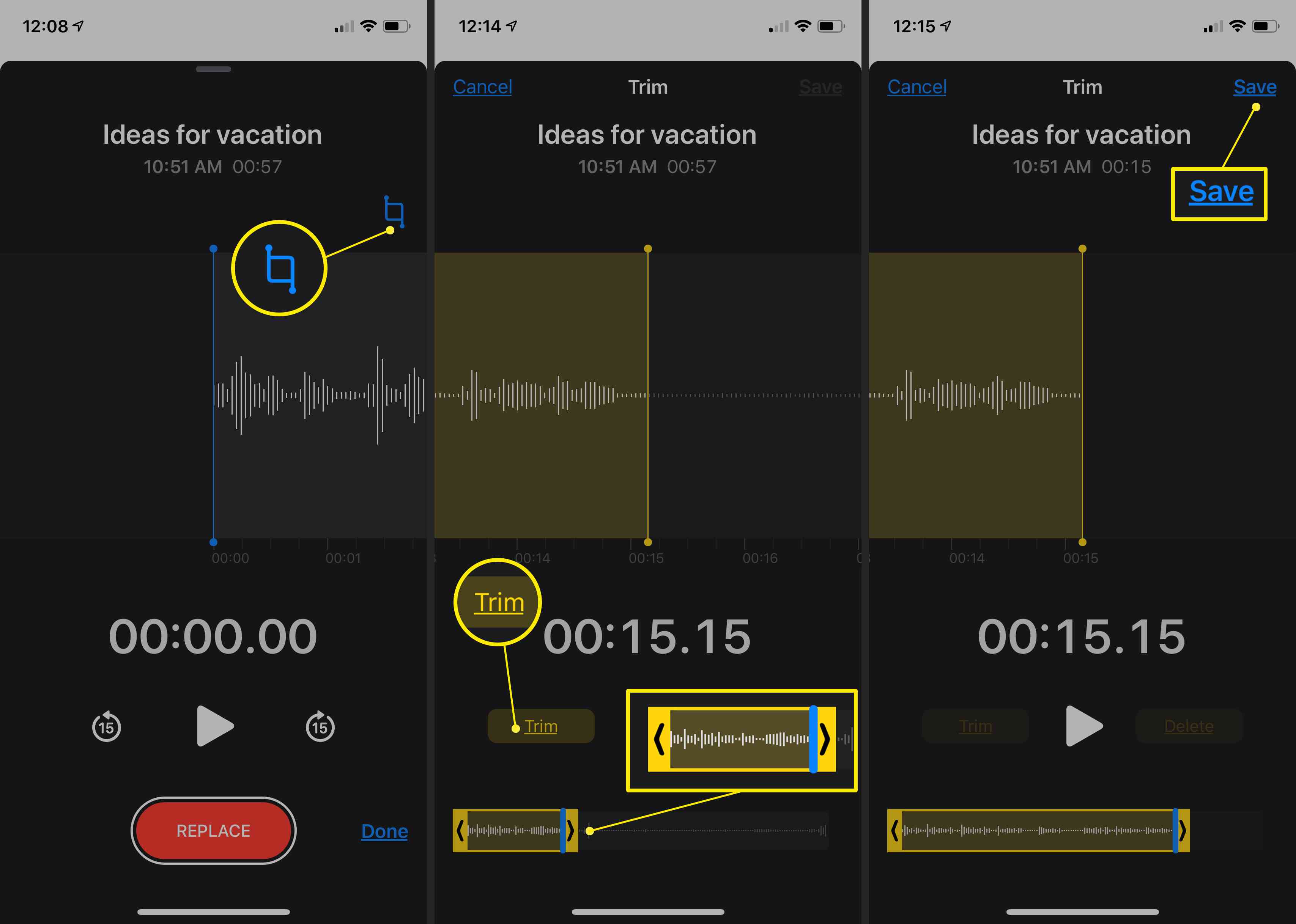 Ořezávání přebytku ze záznamu v aplikaci Voice Memos pro iPhone