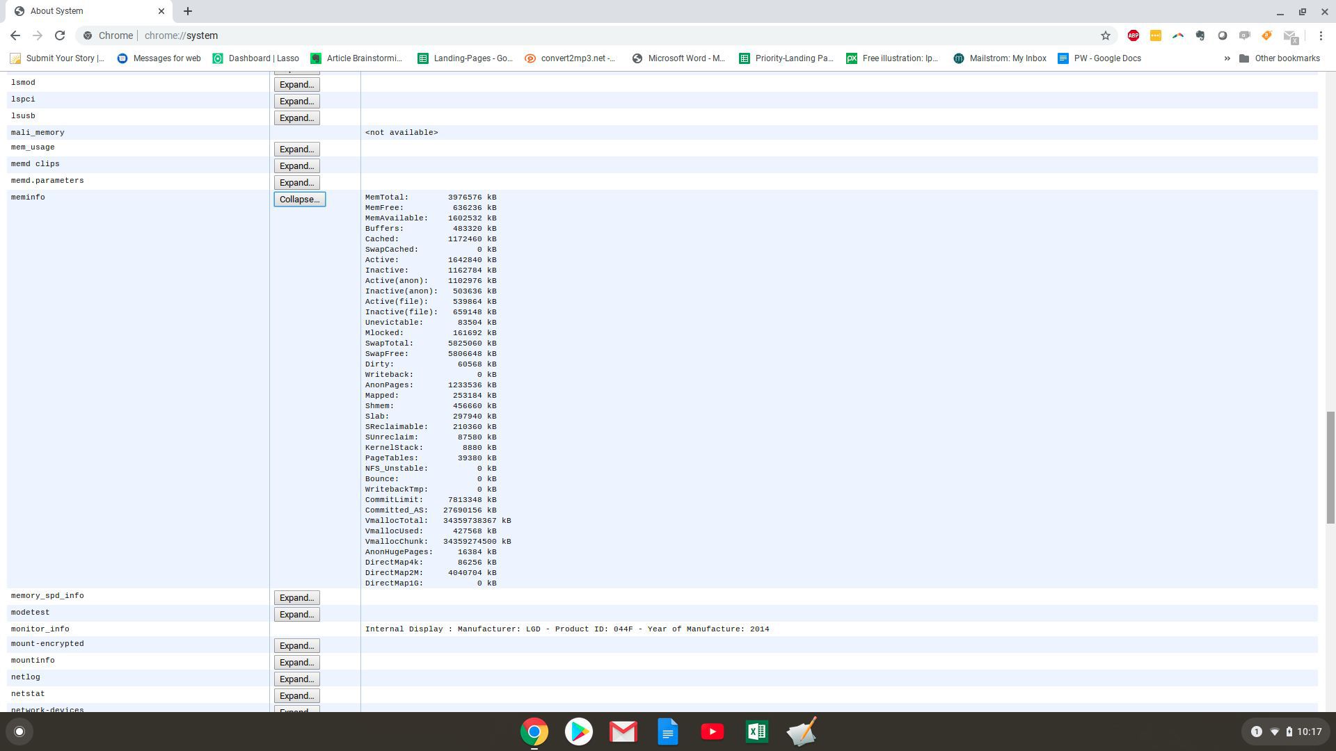 Screenshot položky meminfo v Chromebooku