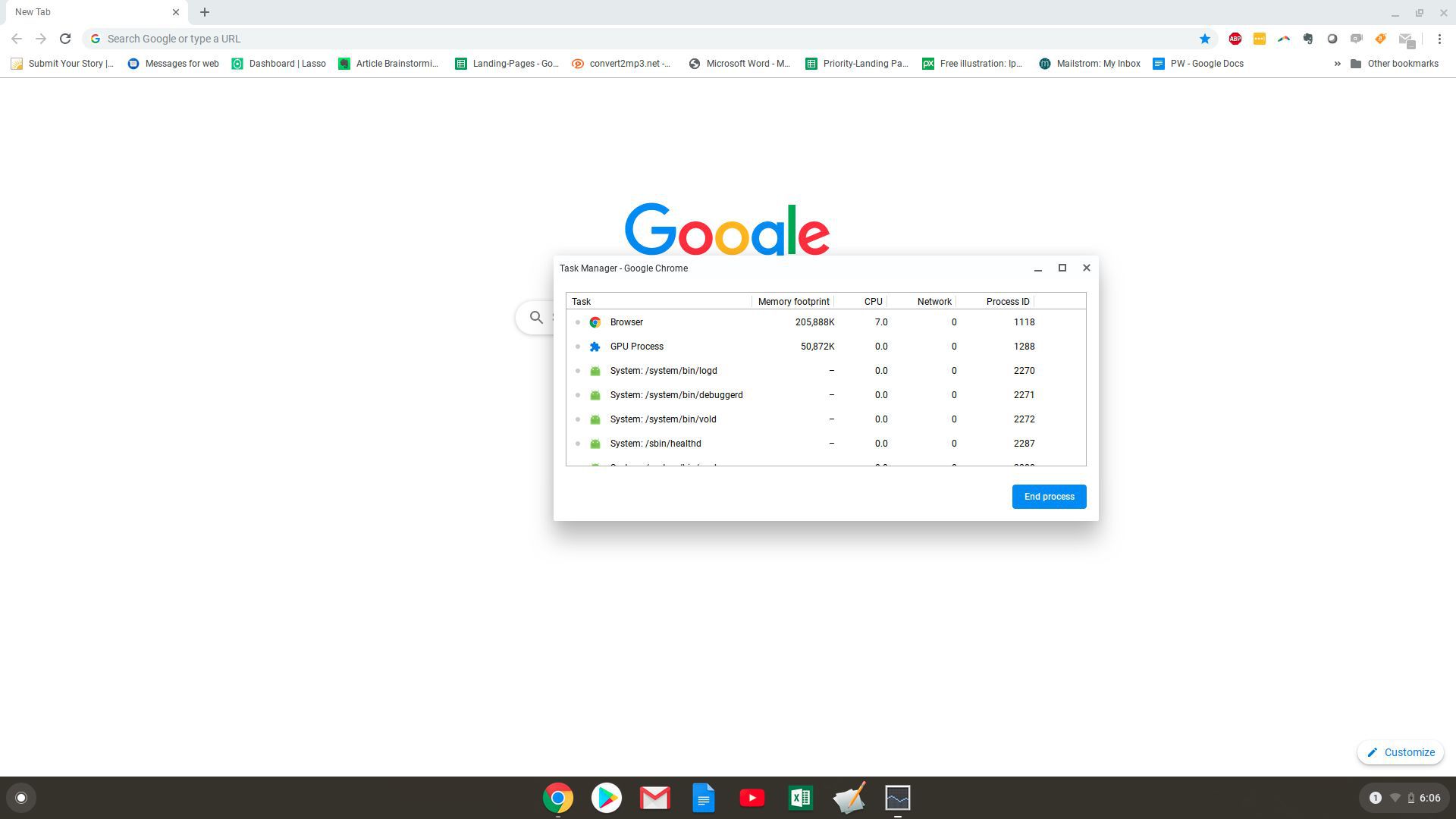 Screenshot Správce úloh v Chromebooku