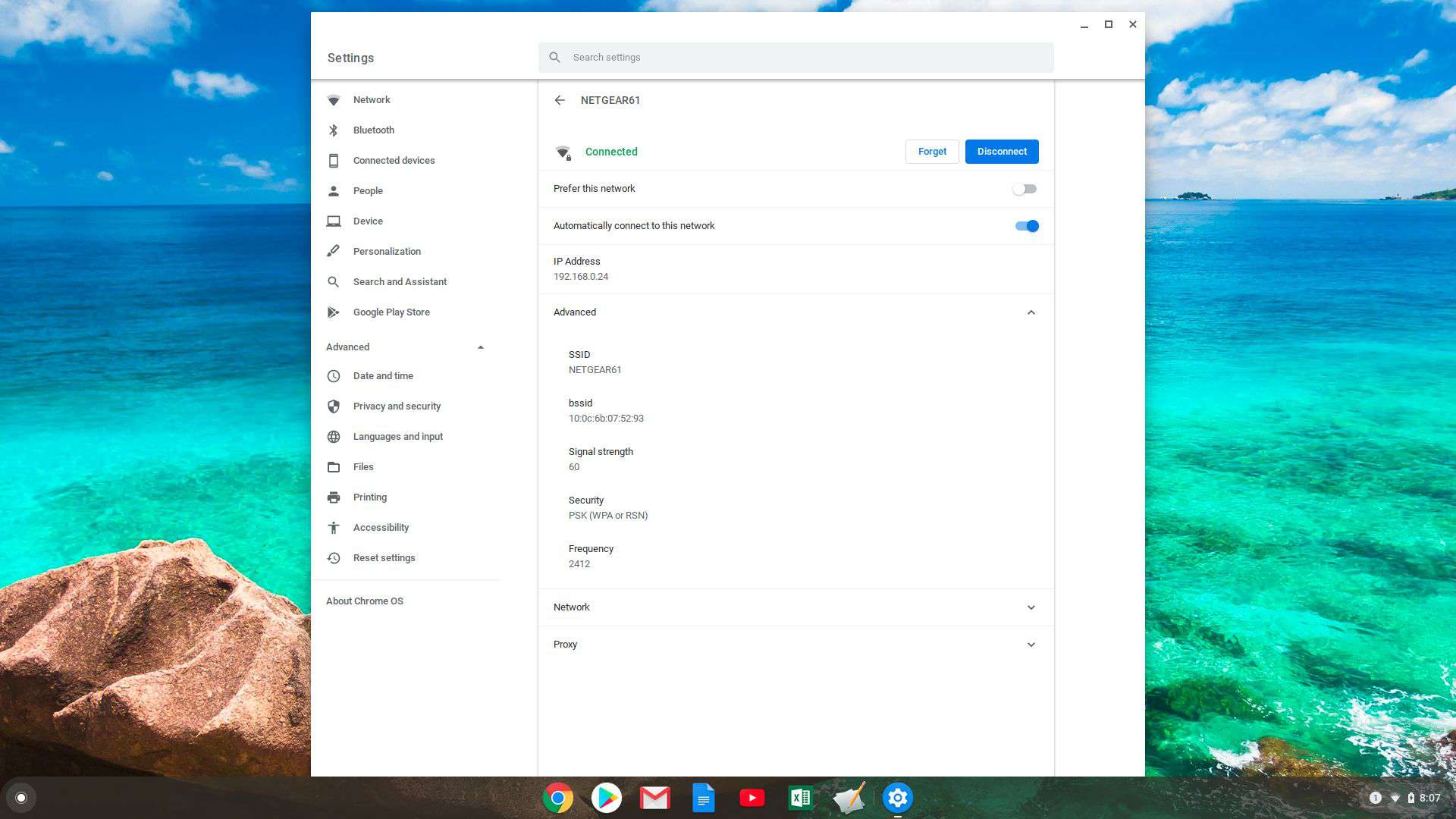 Screenshot pokročilých informací o síti v Chromebooku