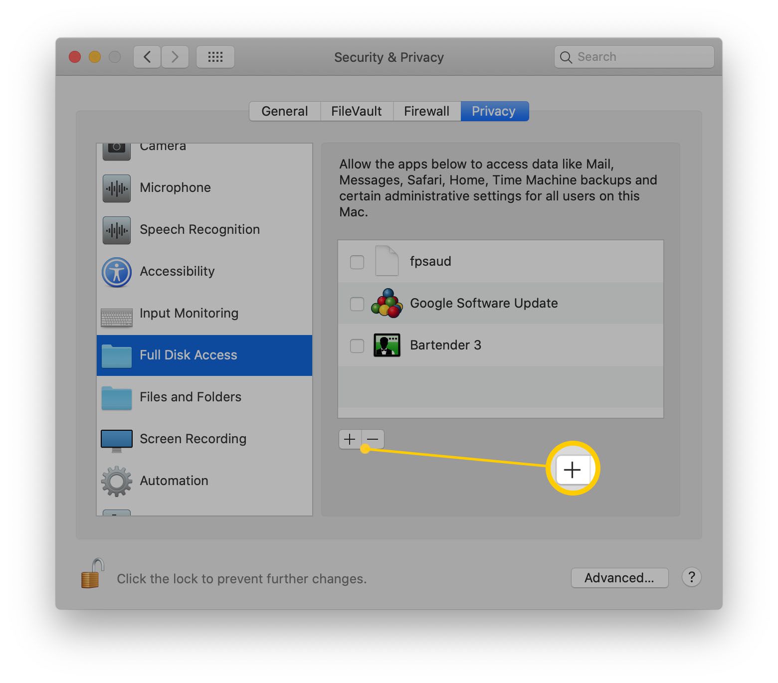 Zvýrazněny předvolby systému MacOS s přístupem na celý disk